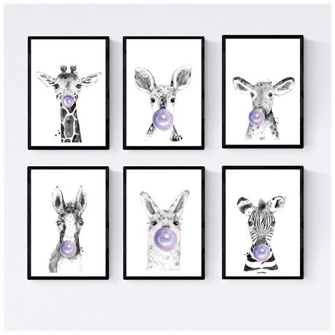 Set Di 6 Stampe Animali Bambini Con Gomma Da Masticare Cervo Elefante Zorro Orso Cane Maiale A3 Senza Cornice - Foto 1