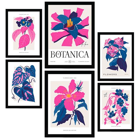 Set Di 6 Stampe Esplosioni Floreali Rosa, Stampe Naturalistiche E Botaniche Per L'interior Design A3 & A4 Cornice Nera - Foto 1