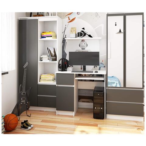 Scrivania per computer PIKSEL sinistro, 1 anta e 1 cassetto, 90x50x77 cm, Colore Bianco e Grigio Grafite - Foto 5