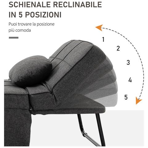 Poltrona Letto 3 in 1 con Schienale Regolabile e Cuscino, in Tessuto Effetto Lino, 95x179x78 cm, Grigio - Foto 2