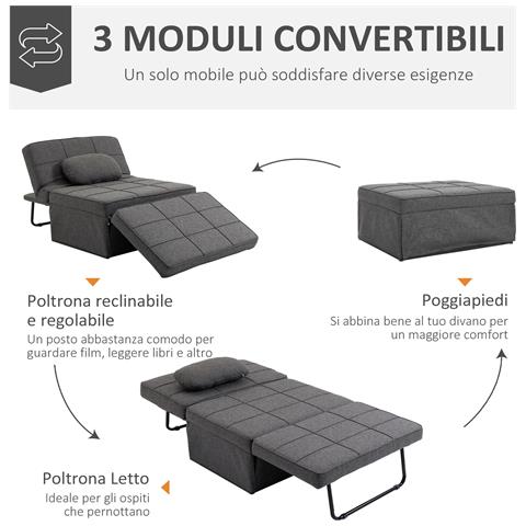 Poltrona Letto 3 in 1 con Schienale Regolabile e Cuscino, in Tessuto Effetto Lino, 95x179x78 cm, Grigio - Foto 6