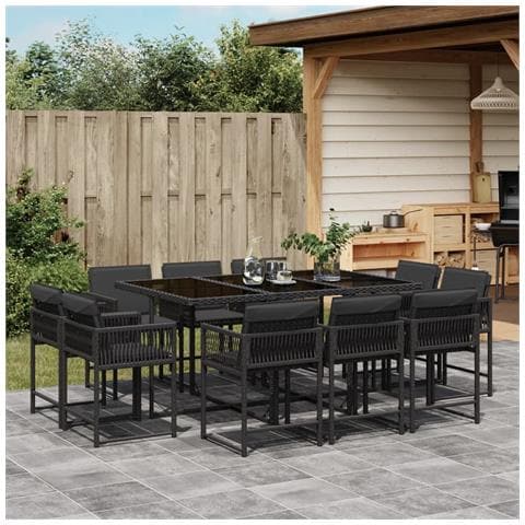 Set Da Pranzo Da Giardino 11 Pz Con Cuscini In Polyrattan Nero - Foto 1