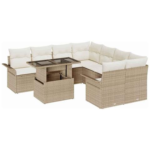 Set di 9 divani da giardino con cuscini in polyrattan beige - Foto 1