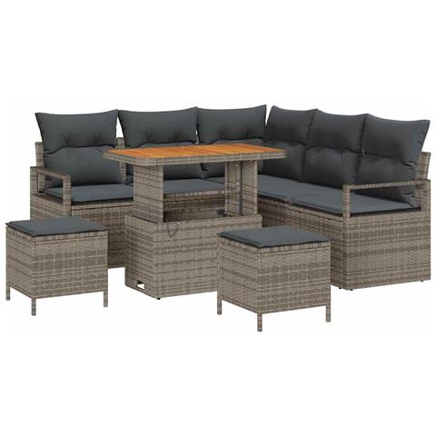 Set divani giardino 8 pezzi con cuscini grigi polyrattan acacia, Divano giardino 2 posti con cuscini grigi polyrattan, Set pranzo giardino 3 pezzi con cuscini polyrattan grigi acacia - Foto 1