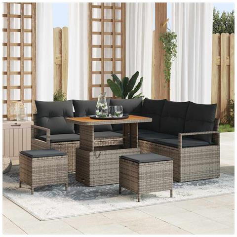 Set divani giardino 8 pezzi con cuscini grigi polyrattan acacia, Divano giardino 2 posti con cuscini grigi polyrattan, Set pranzo giardino 3 pezzi con cuscini polyrattan grigi acacia - Foto 2