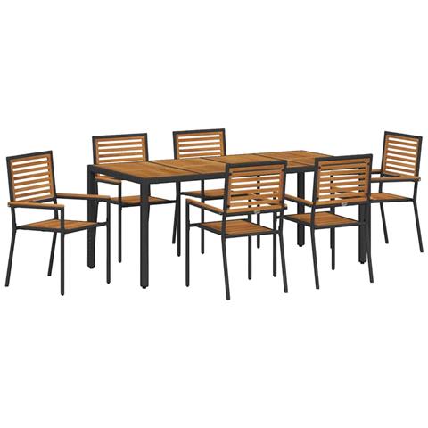 Set da Pranzo per Giardino 7 pcs Nero e Legno 190 x 90 x 75 cm - Foto 1