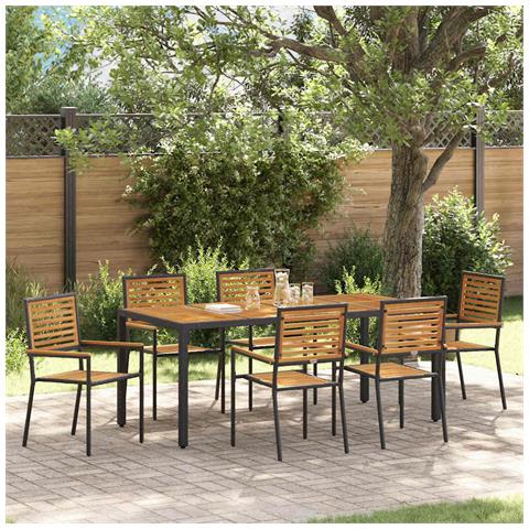 Set da Pranzo per Giardino 7 pcs Nero e Legno 190 x 90 x 75 cm - Foto 2