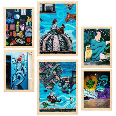 Set Di 6 Stampe Dipinto Decorativo Turchese Graffiti Blu Street Art Incorniciato Con Illustrazioni A3 & A4 Telaio In Legno Chiaro - Foto 1