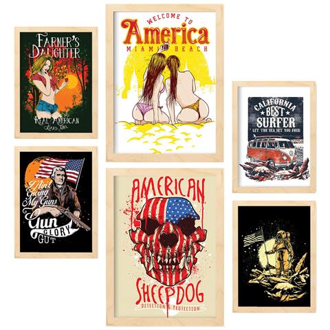 Set Di 6 Stampe America In Citazioni Rustiche Dipinti Decorativi Estetici Per Il Tuo Soggiorno, Camera Da Letto, Casa A3 & A4 Telaio In Legno Chiaro - Foto 1