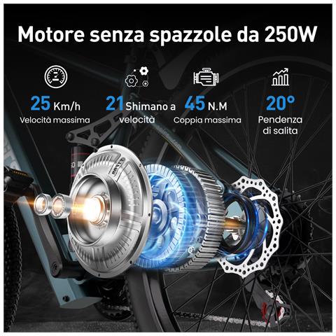 Bicicletta Elettrica 26"" E-Bike GT900 Shimano 21 Velocità Batteria 36V13Ah 250W 25KM /H Autononomia 30-60km Blu - Foto 2