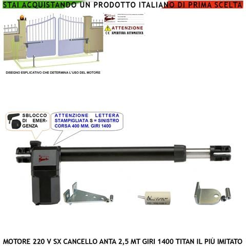 Motore Sinistro Titan 230 V 50 Hz Ricambio Cancello 2,5 Mt Corsa Stelo Di 400 Mm Sblocco Emergenza A Chiave Dotato Di - Foto 1