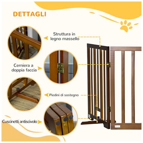 Cancellino Per Cani Pieghevole A 3 Pannelli Con Piedini Antiscivolo Per Corridoi, Scale E Stanze, In Legno Di Pino, 181x35x76 Cm, Marrone Scuro - Foto 6
