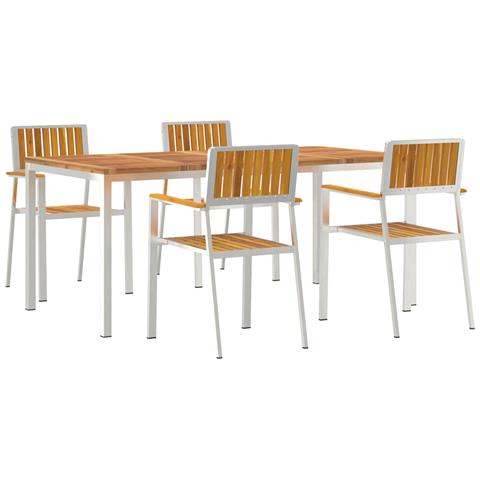 Set da Pranzo da Giardino in Legno Massello di Acacia da 5 Pezzi,  Tavolo da Pranzo all'aperto 180x90x75 cm in Legno Massello di Acacia,  Sedie da Giardino impilabili 4 pz in Legno Massello di Acacia e Metallo - Foto 1