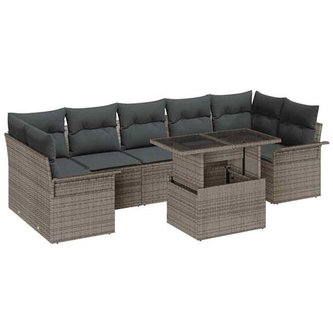 Set divani giardino 8 pezzi con cuscini grigi polyrattan, Divano giardino due posti con spazio stoccaggio e cuscini grigi polyrattan - Foto 1