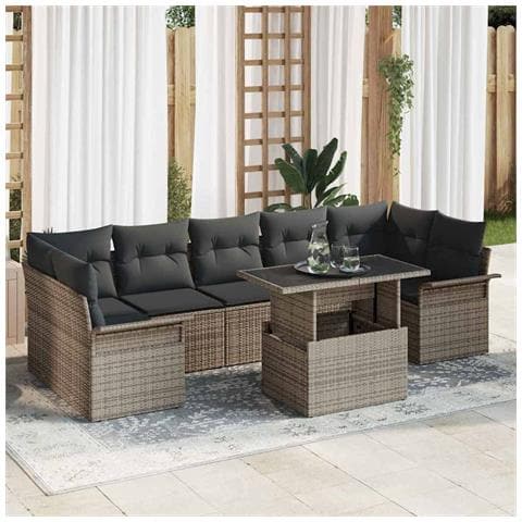 Set divani giardino 8 pezzi con cuscini grigi polyrattan, Divano giardino due posti con spazio stoccaggio e cuscini grigi polyrattan - Foto 2