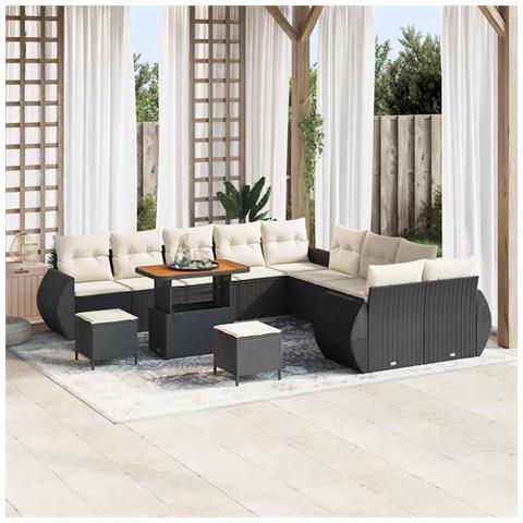 Set Divano da Giardino 13 Pezzi con Cuscini in Polyrattan Nero e Acacia, Set da Pranzo da Giardino 3 Pezzi con Cuscini in Polyrattan Nero e Acacia - Foto 2