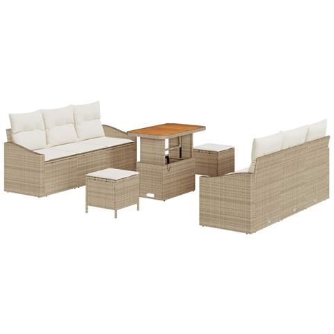 Set divano da giardino 9 pezzi con cuscini Beige Polirattan Acacia, Divano da giardino 2 posti con cuscini Beige Polirattan, Set da pranzo da giardino 3 pezzi con cuscini Beige Polirattan Acacia - Foto 1