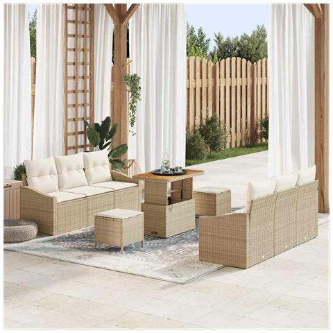 Set divano da giardino 9 pezzi con cuscini Beige Polirattan Acacia, Divano da giardino 2 posti con cuscini Beige Polirattan, Set da pranzo da giardino 3 pezzi con cuscini Beige Polirattan Acacia - Foto 2
