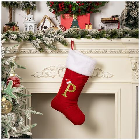 Calza Di Natale In Velluto Rosso Con Lettera P - Decorazione Natalizia Personalizzata - Foto 3