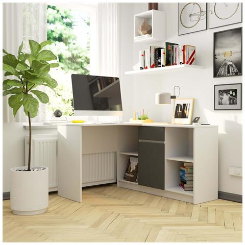 Scrivania ad angolo B17, 1 anta 1 cassetto, 120x126x79 cm, Colore Bianco e Grigio Grafite - Foto 5