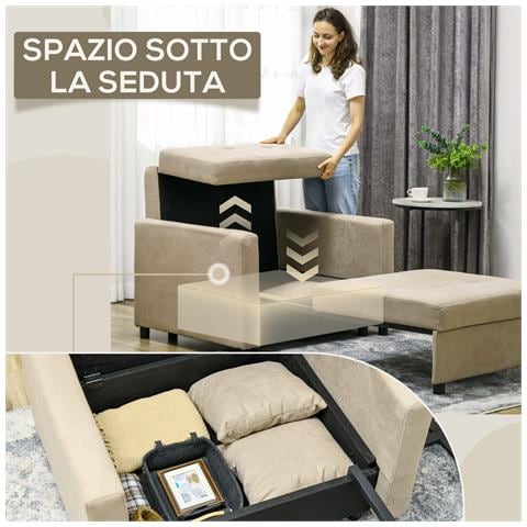 Poltrona Letto in Tessuto Effetto Velluto Marrone Chiaro con 2 Cuscini e Spazio Portaoggetti, 100x98x88 cm - Foto 2