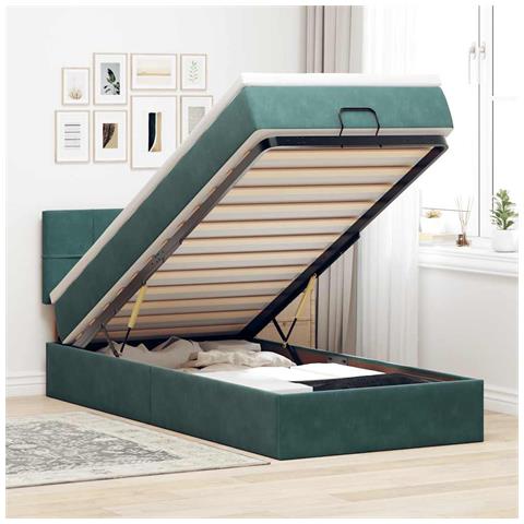 Pouf Letto Con Materasso E Led Verde Scuro 90x200cm In Velluto - Foto 1