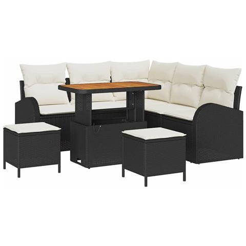 Set di Divano da Giardino 8 Pezzi con Cuscini Nero Polyrattan Acacia, Divano da Giardino 2 Posti con Cuscini Nero Polyrattan, Set di Mobili da Giardino 3 Pezzi con Cuscini Nero Polyrattan Acacia - Foto 1