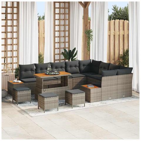 Set Divano Giardino da 13 Pezzi con Cuscini Grigi Polyrattan Legno di Acacia,  Set da Pranzo Giardino da 4 Pezzi con Cuscini Grigi Polyrattan Legno di Acacia - Foto 2