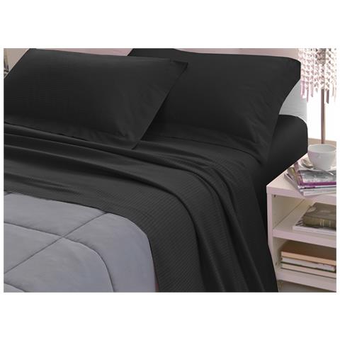 Completo Lenzuola Letto In 100% Raso Cotone Rigato 5mm In Tinta Unita Singolo Nero - Foto 1