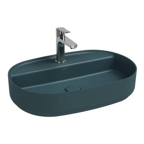 Lavabo Ovale Da Appoggio Senza Troppo Pieno In Ceramica Con Foro Rubinetto - Verde Petrolio Opaco - Foto 1