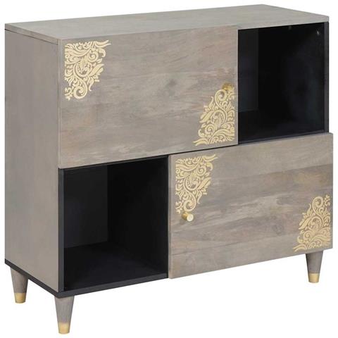 Credenza Grigio e Oro 80 x 33.5 x 75 cm Legno massello di mango - Foto 1