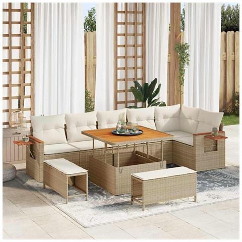 Set Divano da Giardino con cuscino 9 pcs Beige Poly Rattan - Foto 2