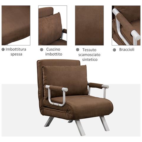 Poltrona Letto Moderna 2 in 1 con Schienale Reclinabile su 5 Posizioni e Cuscino, 65x69x80cm, Marrone - Foto 6