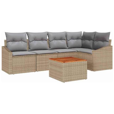 Set di divani da giardino 6 pezzi con cuscini beige in polyrattan e acacia - Foto 1