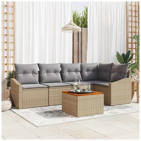 Set di divani da giardino 6 pezzi con cuscini beige in polyrattan e acacia - Foto 2