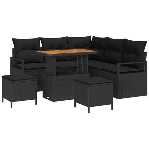 Set di Divano da Giardino 8 Pezzi con Cuscini Nero Polyrattan Acacia, Divano da Giardino a Due Posti con Cuscini Nero Polyrattan, Set di Pranzo da Giardino 3 Pezzi con Cuscini Nero Polyrattan Acacia - Foto 1