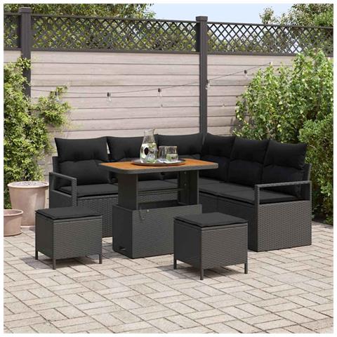 Set di Divano da Giardino 8 Pezzi con Cuscini Nero Polyrattan Acacia, Divano da Giardino a Due Posti con Cuscini Nero Polyrattan, Set di Pranzo da Giardino 3 Pezzi con Cuscini Nero Polyrattan Acacia - Foto 2
