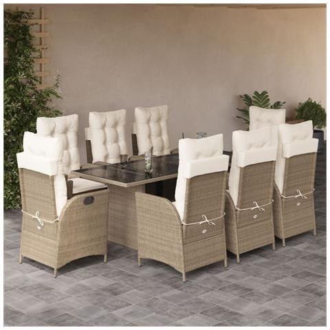 Set da Pranzo da Giardino 9 pz con Cuscini Beige in Polyrattan - Foto 2
