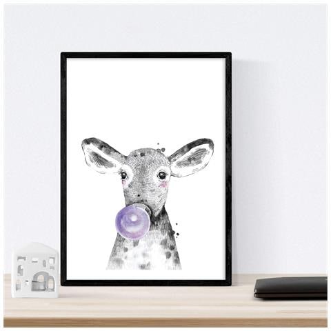 Set Di 6 Stampe Animali Bambini Con Gomma Da Masticare Coniglio Mucca Volpe Cavallo Orso Fiamma A4 Cornice Nera - Foto 2