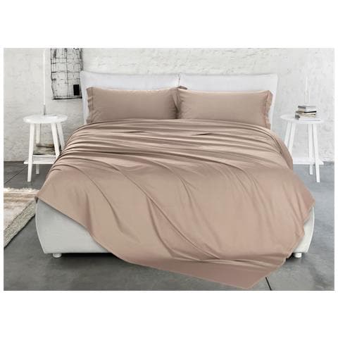 Completo Lenzuola Matrimoniale 100% Raso Cotone Tinta Unita Made Italy Matrimoniale Tortora - Foto 1