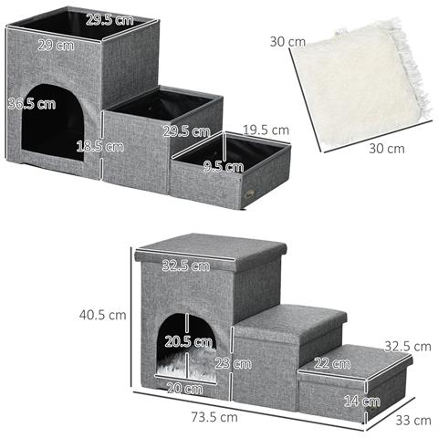 Scaletta Per Cani E Gatti 10kg Max A 3 Gradini Con Casetta Per Cani E Spazio Portaoggetti, 73.5x33x40.5 Cm, Grigio - Foto 2
