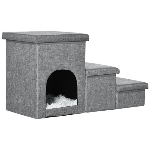 Scaletta Per Cani E Gatti 10kg Max A 3 Gradini Con Casetta Per Cani E Spazio Portaoggetti, 73.5x33x40.5 Cm, Grigio - Foto 1