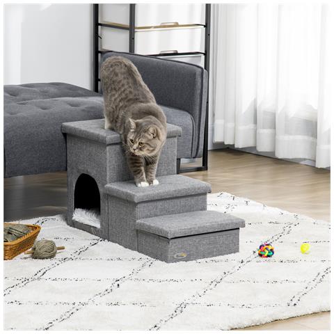 Scaletta Per Cani E Gatti 10kg Max A 3 Gradini Con Casetta Per Cani E Spazio Portaoggetti, 73.5x33x40.5 Cm, Grigio - Foto 6