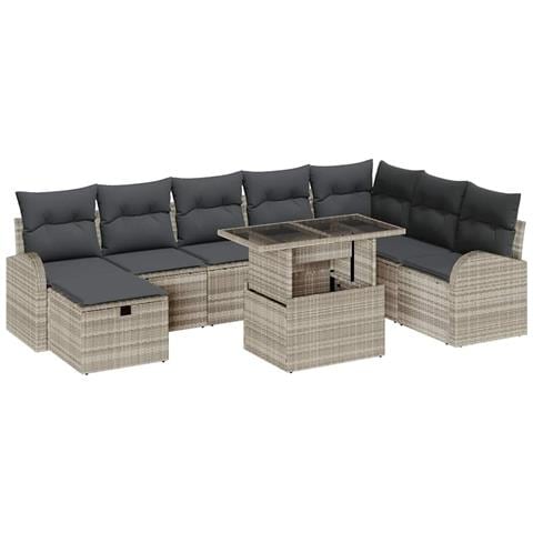 Set di 9 Pezzi di Divano da Giardino con Cuscini Grigio Chiaro Polyrattan - Foto 1