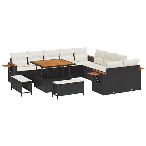 Set divano da giardino 13 pezzi con cuscini Nero Polyrattan Acacia, Set da giardino 3 pezzi con cuscini Nero Polyrattan Acacia - Foto 1