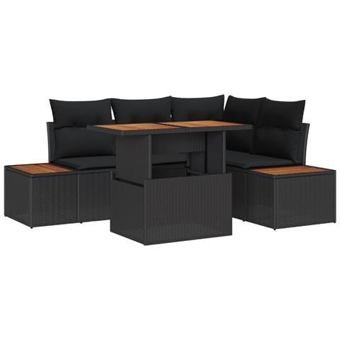 Set pranzo giardino 5 pezzi con cuscini Nero Polyrattan Acacia - Foto 1