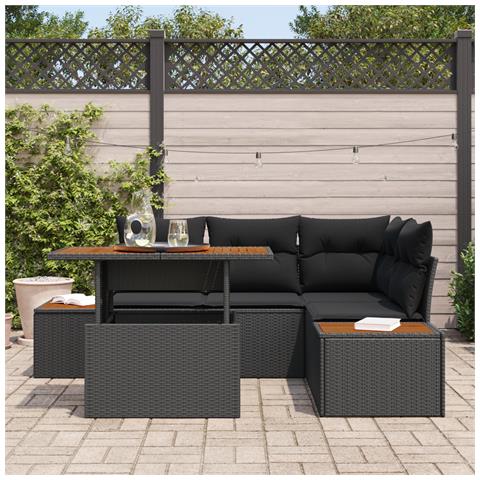 Set pranzo giardino 5 pezzi con cuscini Nero Polyrattan Acacia - Foto 2