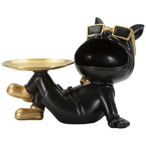 Scultura Cane Buddy Svuotatasche In Resina Nera E Metallo Oro - Foto 1