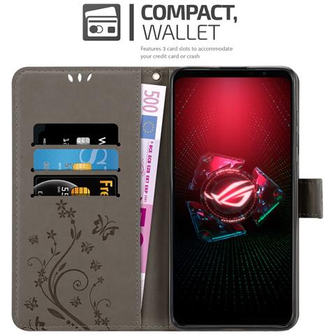 Cadorabo Custodia Compatibile Con Asus Rog Phone 5 In Grigio Fiore - Coperchio Protettivo In Design Floreale Con Chiusura Magnetica, Funzione Stand E Slot Per Carte - Foto 2