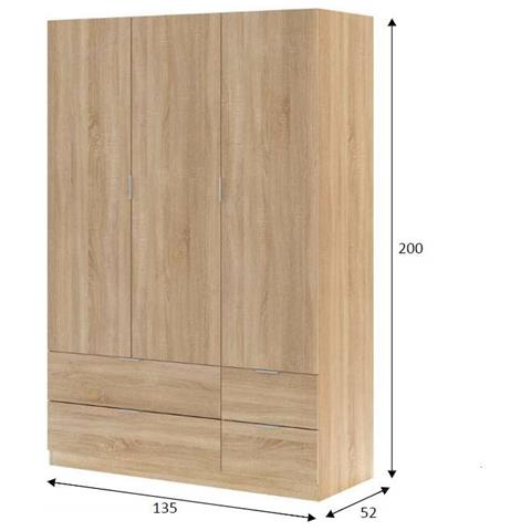 Guardaroba Weymouth, Mobile Camera Da Letto A 3 Ante E 2 Cassetti, Armadio Appendiabiti, 135x52h200 Cm, Rovere - Foto 4